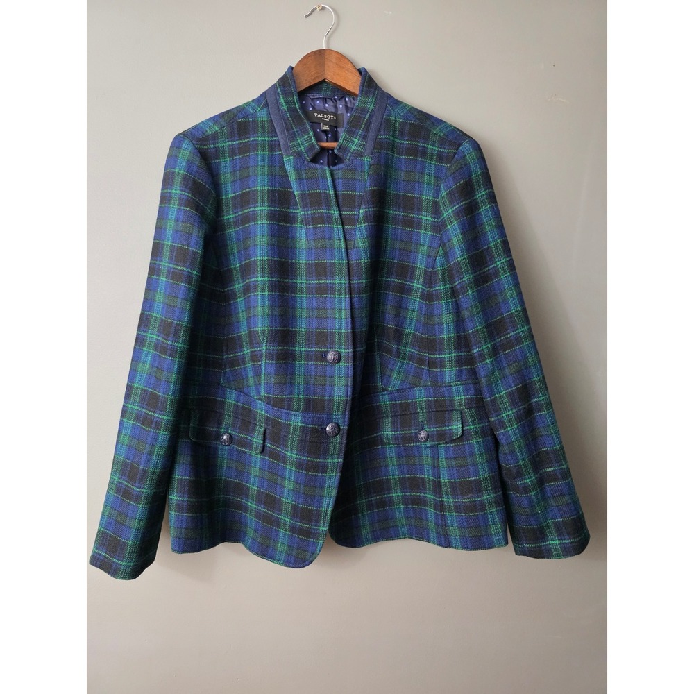 Talbots Woman Wool Blend Plaid Blazer Navy Green Black Watch Tartan 18W NWOT